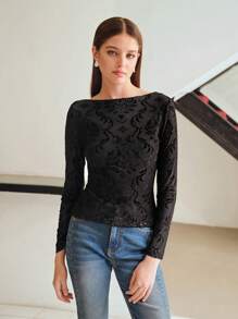 MOTF PREMIUM 修身船领提花 T 恤 - 黑色 - 查看 4