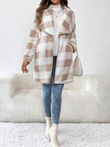 SHEIN Maternity Plaid Print Long Sleeve Jacket - Khaki - View 3