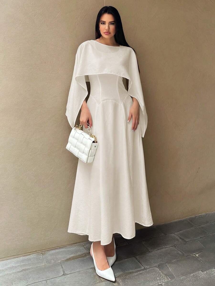 SHEIN Essnce Latest Spring Autumn Long Waisted Dress With Shawl For Women - Apricot - View 1
