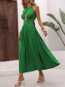 Breezaya Solid Color Hollow Out Split Sleeveless Dress - Green - View 5