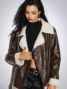 Poéselle 棕色泰迪羊毛边拼布面料拉链夹克，女式翻领撞色蓬松衬里长袖夹克，秋季女装，冬季女装，机车夹克，仿剪羊毛皮大衣保暖厚实保暖衬里仿皮夹克，泰迪衬里拉链夹克，时尚帅气，适合日常通勤等场合 - 棕色 - 查看 3