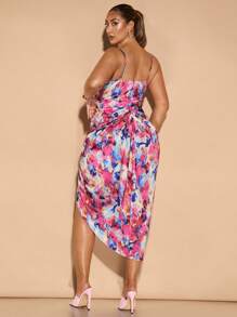 SHEIN BAE Vestido elegante de primavera con escote en V, tirantes finos, drapeado y estampado floral en satén para mujer de talla grande