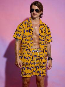 Surfspeed 2pcs Men's All-Over Print Button Front Short Sleeve Shirt & Drawstring Waist Pocket Shorts Beach Outfit - Multicolor - View 4