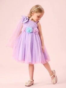 SHEIN Glamorique Kids 女童优雅不对称夸张花卉泡泡袖连衣裙，适合生日派对、节日、花童婚礼