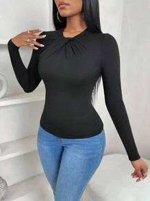 BamGleam 女式休闲优雅蝴蝶结领修身荷叶边下摆纯色长袖 T 恤，秋季女装 - 黑色 - 查看 6