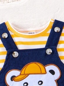 SHEIN Baby Boy Spring Autumn Casual Striped Long Sleeve Top And Penguin Patch Overall Pants Set - Yellow - View 4