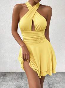 Allurite 夏季性感露背挂脖迷你连衣裙 - 黃色 - 查看 6