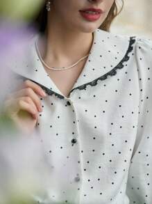 Simple Retro Ladies' Collared Polka Dot Casual Shirt - White - View 4