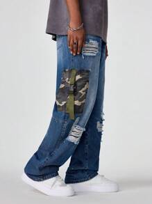 PAVTROS Quần Jeans Cargo Jeans Xanh Đậm Giặt Bằng Denim Túi Vá Streetwear Rộng Rãi Cho Nam, Quà Tặng Cho Chồng, Bạn Trai - Rửa tối - Xem 4