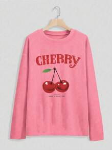 INAWLY Plus Size Round Neck Cherry Blossom Letter Print Long Sleeve Loose Fashionable T-Shirt Graphic Tees Women Tops For Spring Outfit Fall Cloth For Women