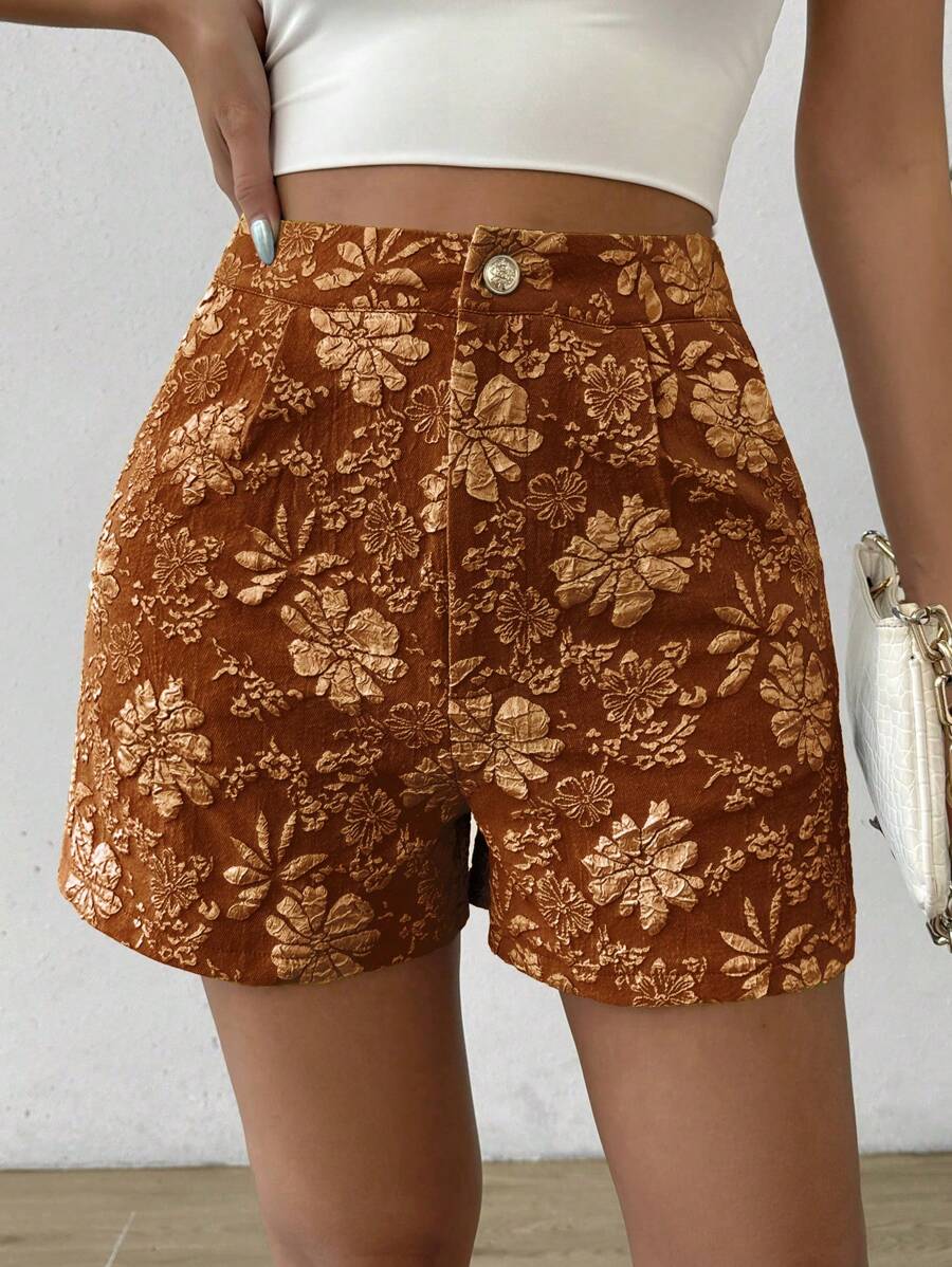 SHEIN Unity Shorts casuales elegantes con estampado floral jacquard y corte al azar marrón para damas - Marrón - Ver 1