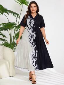 Lacomfia Plus尺寸花卉印花褶皺下擺襯衫連衣裙