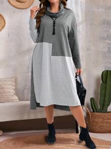 EMERY ROSE Plus Size Casual Loose Fit Colorblock Long Sleeve Dress Fall Clothes - Multicolor - View 3