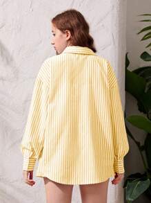 SHEIN Girlism 3 件套青少年女孩编织条纹长袖衬衫、针织吊带背心和短裤度假休闲装套装 - 黃色 - 查看 2