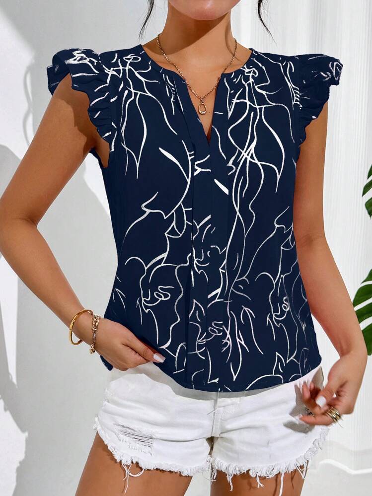SHEIN Essnce Blusa holgada de tejido elegante para damas - Azul Marino - Añade 5