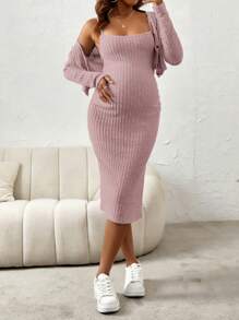 SHEIN 2pcs Maternity Casual Solid Color Side Slit Strap Dress And Long Sleeve Top Set, Spring Autumn - Dusty Pink - View 5