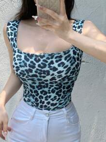Dazy Star Women's Square Neck Fitted Leopard Print Tank Top Cheetah Print
