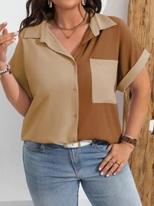 Calvaya Camisa de Manga Curta com Botões e Contraste de Cores para Mulheres Plus Size Simples - Castanho - Visão 5
