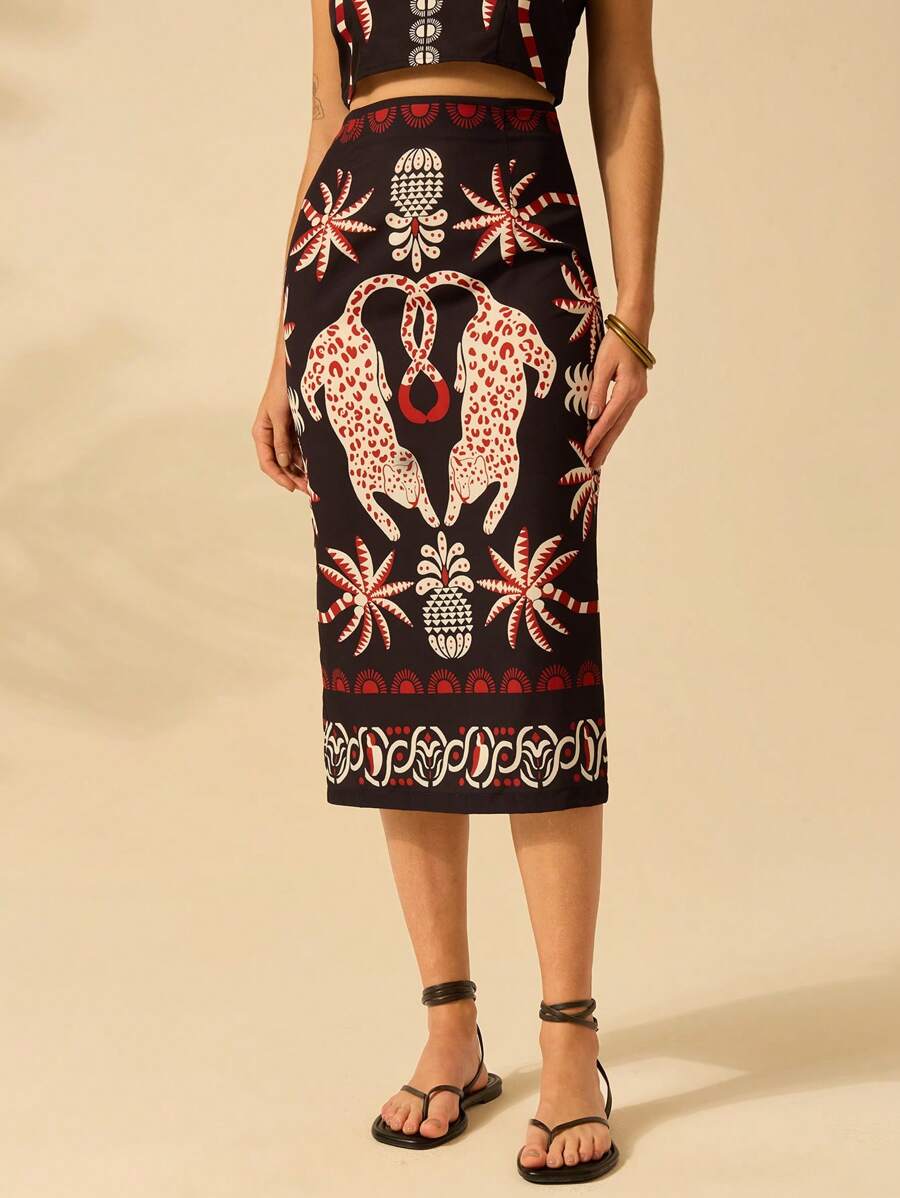 CAJUNI 女士度假休闲海滩夏季波西米亚风热带豹纹、椰子和菠萝印花黑色修身半身裙 - 彩色 - 查看 1