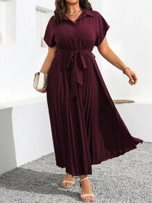 Flirla Plus Size Solid Color Ruched Waist Tied Short Sleeve Dress For Summer Maxi Women Outfit - Maroon - View 5