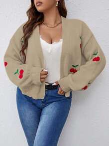 Flirla Plus Size Cherry Print Casual Loose Style Knit Cardigan, Long Sleeve - Khaki - View 5
