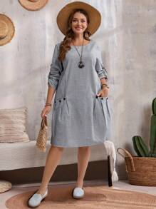 EMERY ROSE Plus Size Round Neck Long Sleeve Cuffed Striped Casual Loose Soft Fashion Fall Dress - Multicolor - View 3