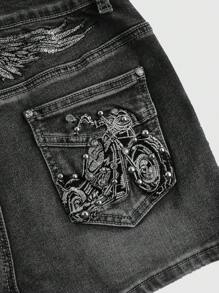 ROMWE Grunge Punk Y2K Style Women's Low Waist Denim Mini Shorts With Back Wing Embroidery Pocket, Sequin & Beaded Embellishments - Grey - View 4