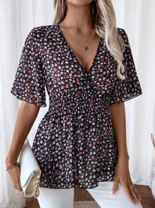 SHEIN LUNE 优雅 V 领碎花褶饰腰部衬衫荷叶边上衣