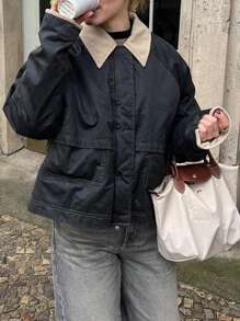 INAWLY Women's Contrast Color Lapel Dolman Sleeve Loose Short Jacket, Spring & Autumn - Dark Grey - View 3