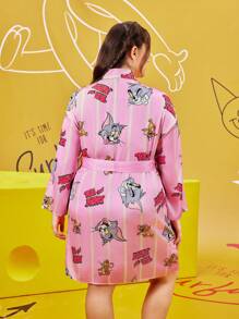 TOM & JERRY X SHEIN Plus Size Striped And Cartoon Graphic Pink Drop Shoulder Belted Robe