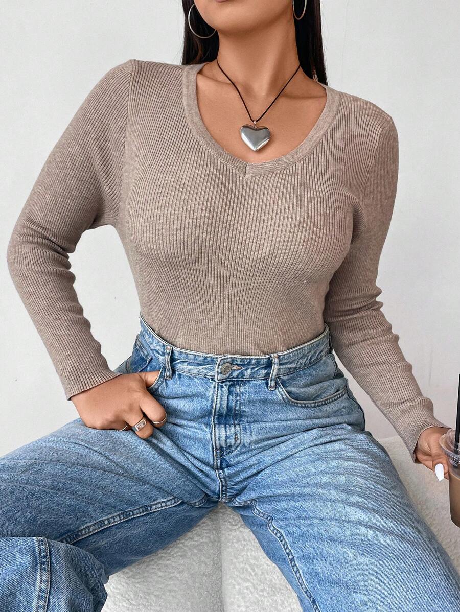 Flirla كنزة صوفية صوفية بياقة على شكل حرف V وأكمام طويلة، لون أحادي، بتصميم بسيط وأنيق ومريح، مناسبة للخريف والشتاء - بني - مشاهدة 1