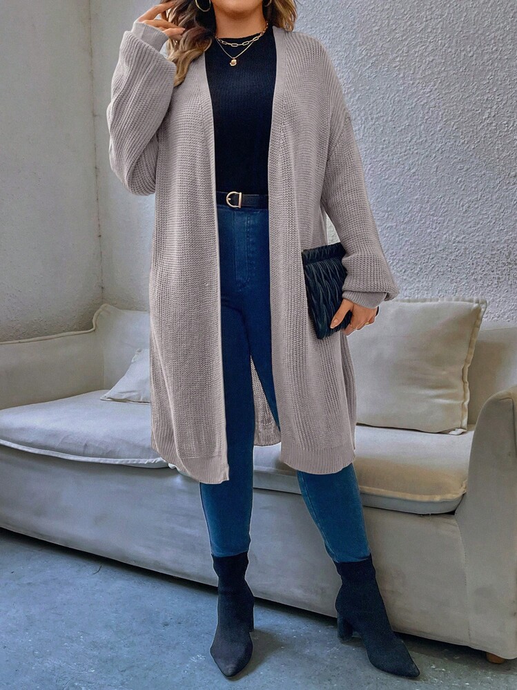 SHEIN LUNE Plus Size Simple Solid Color Casual Long Sleeve Knit Cardigan Fall Winter Cloth For Women Light Grey Solid Color Knit Cardigan Sweater, Off Shoulder Long Sleeve Loose Casual, Suitable For Spring, Autumn And Winter, Cloth For Women,Women's Knitted Coat, Mid-Length Style, Length Style,Women Sweater,Christmas, Party, Red,Spring/Autumn/Winter - Light Grey - View 6