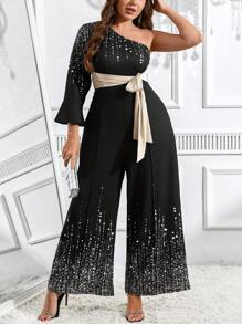 SHEIN Clasi Bộ áo liền quần dài tay bất đối xứng in hoa cỡ lớn, trang phục thường ngày - Vàng - Xem 7