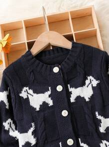 Young Girl Autumn New Round Neck Long Sleeve Cute Puppy Jacquard Striped Trim Cardigan, Lightweight Autumn Jacket For Girls