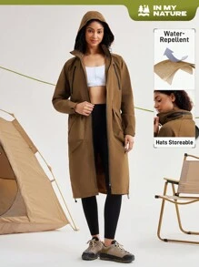 In My Nature 女士纯色拉链连帽夹克，带口袋，休闲外套 - 咖啡棕 - 查看 12