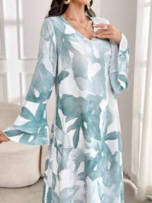 Yasmyna 女士春夏优雅植物印花喇叭袖长款阿拉伯朴素连衣裙 - 綠色 - 查看 6