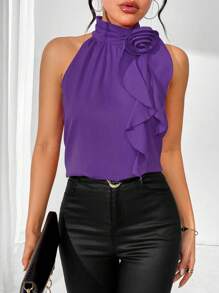 Chiquease Blusa elegante de ajuste ceñido con cuello mao, sin mangas y diseño floral para mujeres - Morado - Ver 5