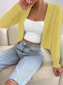 SHEIN Unity 女生马卡龙色休闲百搭开衫 - 黃色 - 查看 5