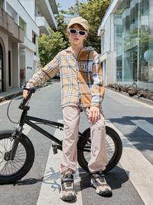 SHEIN Tween Boys Fashion Casual Holiday Letter Plaid Long Sleeve Hoodie Jacket And Cargo Pants Set - Multicolor - View 3