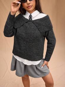 Forever 21 大码撞色翻领休闲长袖毛衣 - 深灰色 - 查看 5