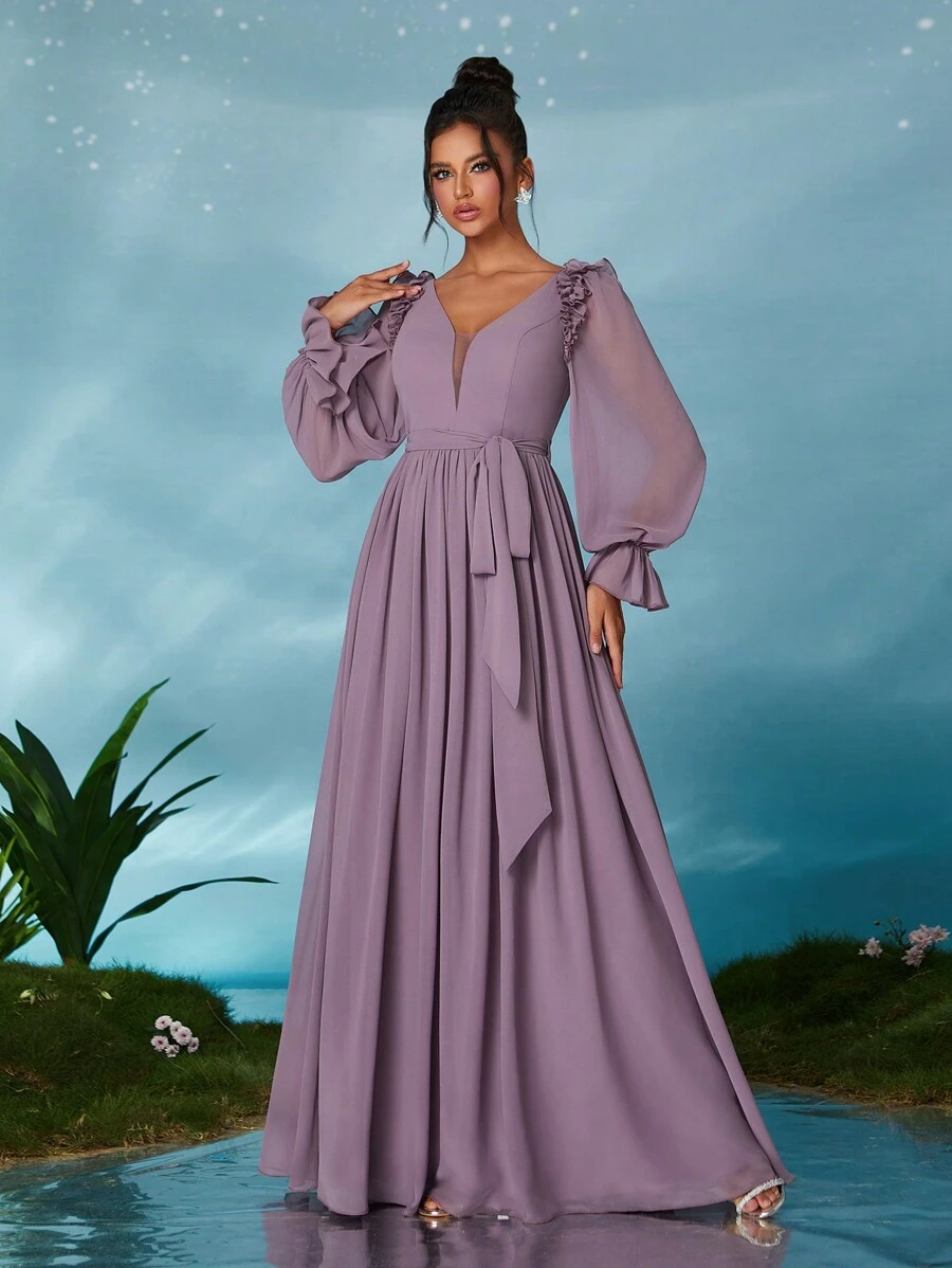 Women's Frill Trim Lantern Sleeve Chiffon Maxi Dress - Dusty Purple - View 1