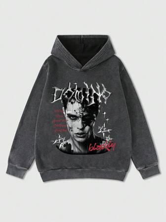 Grunge Punk Felpa con cappuccio casual ampia con stampa di lettere a caratteri per uomo, adatta per primavera e autunno