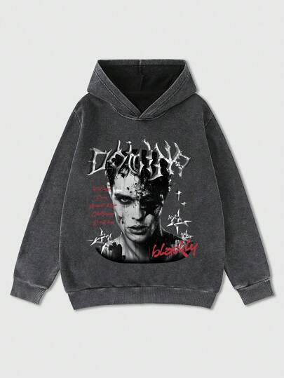 Grunge Punk Men's Spring And Autumn Letters Character Printed Long Sleeve Loose Casual Hooded Sweatshirt