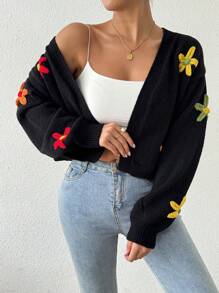 Chiquease 新款手工编织花卉开衫女毛衣，休闲宽松针织外套