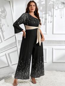 SHEIN Clasi Bộ áo liền quần dài tay bất đối xứng in hoa cỡ lớn, trang phục thường ngày - Vàng - Xem 6