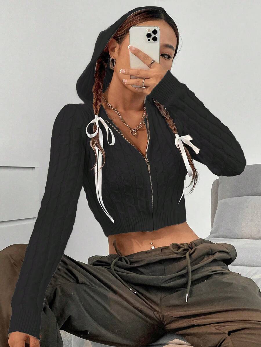SHEIN Unity Áo len crop top dài tay có khóa kéo phía trước - Trang phục thường ngày gợi cảm & đa năng - màu đen - Xem 1