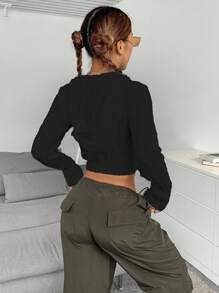 SHEIN Unity Cárdigan corto de manga larga con cremallera frontal - Vestimenta casual sexy y versátil - Negro - Ver 2