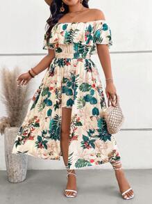 SHEIN VCAY 大码热带印花露肩开衩阔腿连体裤 - 彩色 - 查看 3