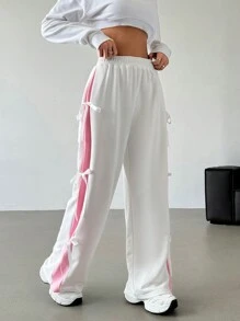 SHEIN EZwear Women's Elastic Waist Contrast Color Straight Leg Casual White Sweatpants With Bow Tie Graduation,Back To School Outfits,Graduation,Teacher Outfits For Women,Back To School