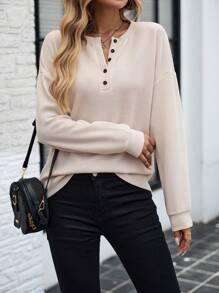 SHEIN LUNE 秋季女士休闲杏色长袖 T 恤 - 杏色 - 查看 6